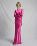 Luna Maxi Dress by Lauven in vibrant pink satin, showcasing a slim fit and elegant ankle-length design.