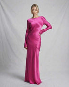 Luna Maxi Dress by Lauven in vibrant pink satin, showcasing a graceful silhouette and modern design.