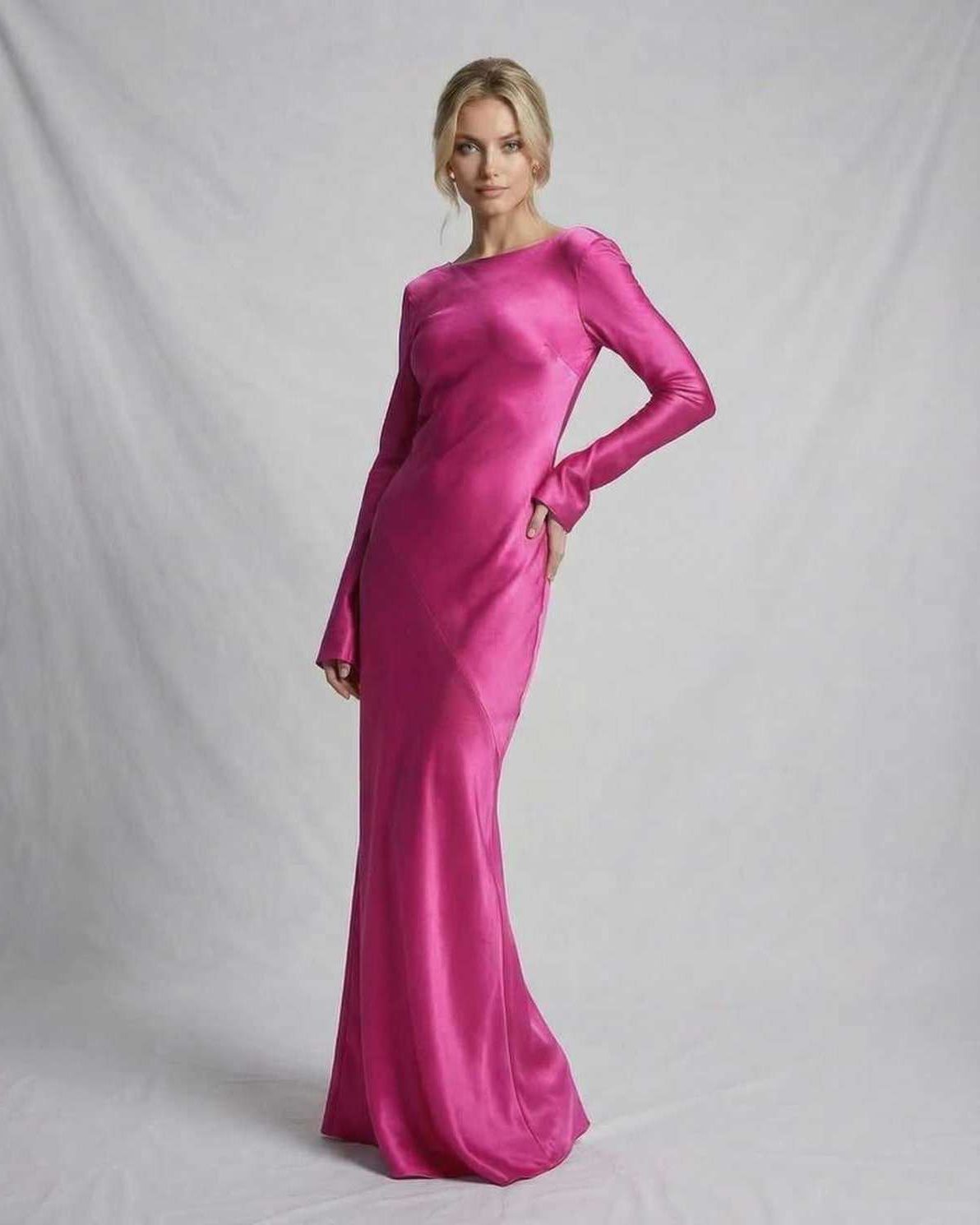 Lauven Luna Maxi Dress in vibrant pink satin, showcasing an elegant slim fit silhouette.