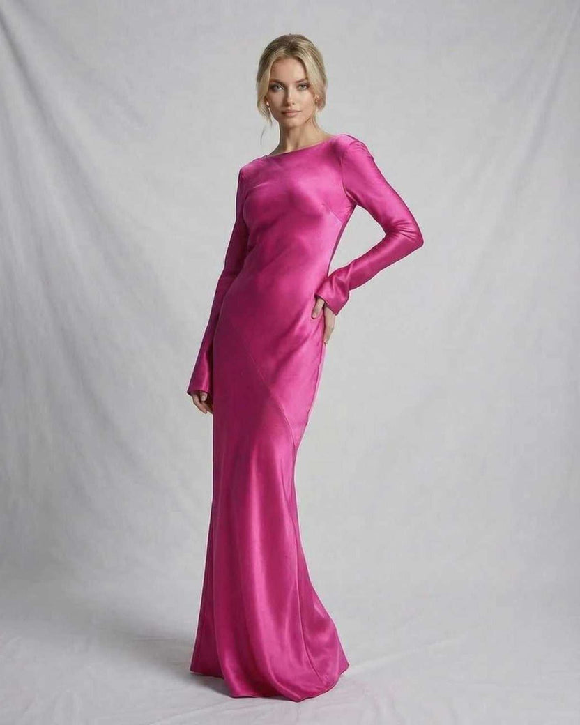 Lauven Luna Maxi Dress in vibrant pink satin, showcasing an elegant slim fit silhouette.