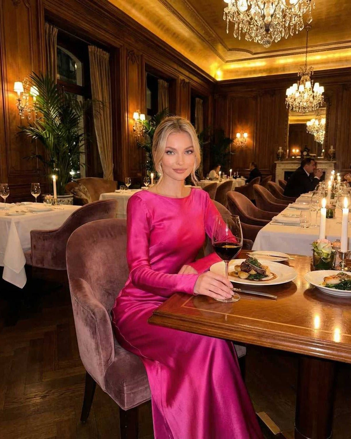A woman in a vibrant pink Luna Maxi Dress by Lauven, seated at an elegant dining table with fine dining decor.