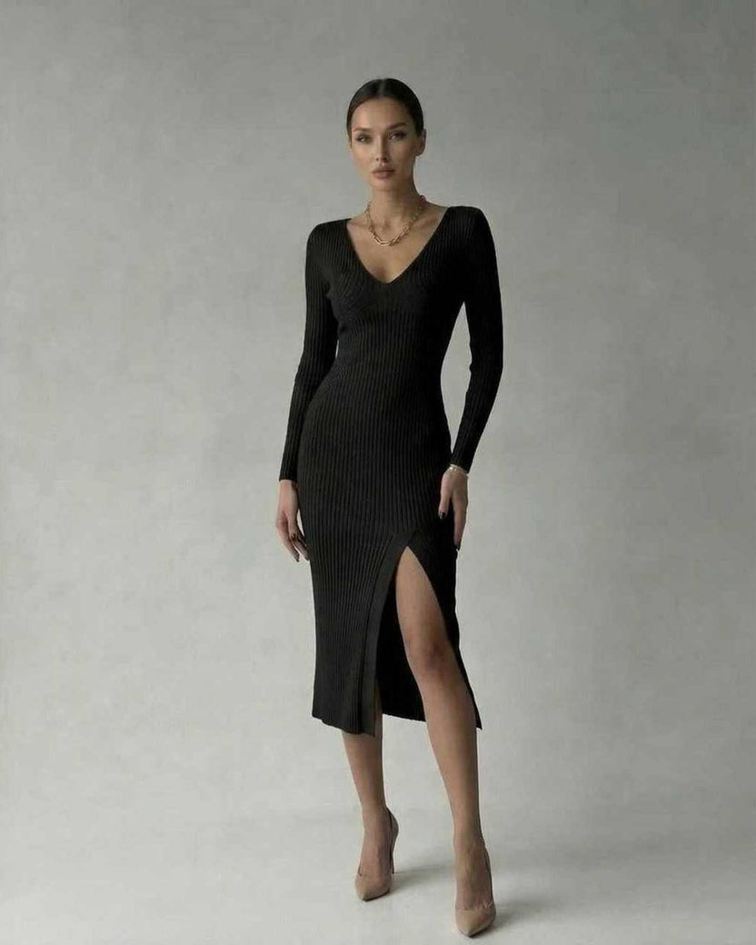 Luna Midi Dress by Lauven featuring a ribbed knit design, V-neckline, and elegant side slit in black.