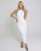 Luna Midi Dress by Lauven, chic white sleeveless slim fit dress with a floor-length pencil cut.