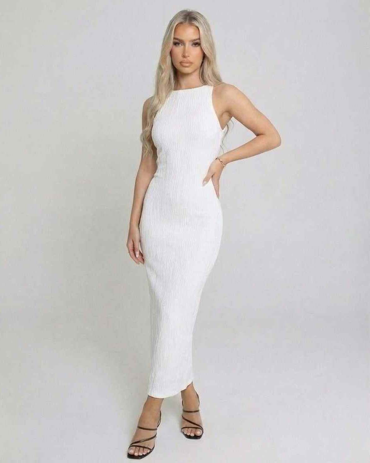 Luna Midi Dress by Lauven, chic white sleeveless slim fit dress for elegant and contemporary style.