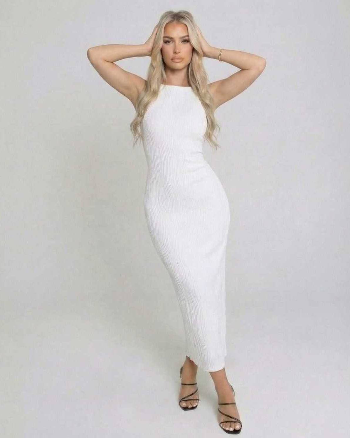 Luna Midi Dress by Lauven - Chic white sleeveless slim fit dress perfect for stylish occasions.