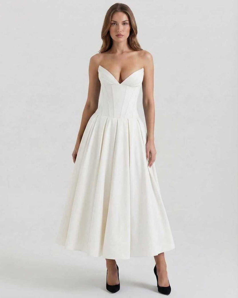 Luna Midi Dress by Lauven, elegant strapless white ankle-length A-Line dress for formal events.