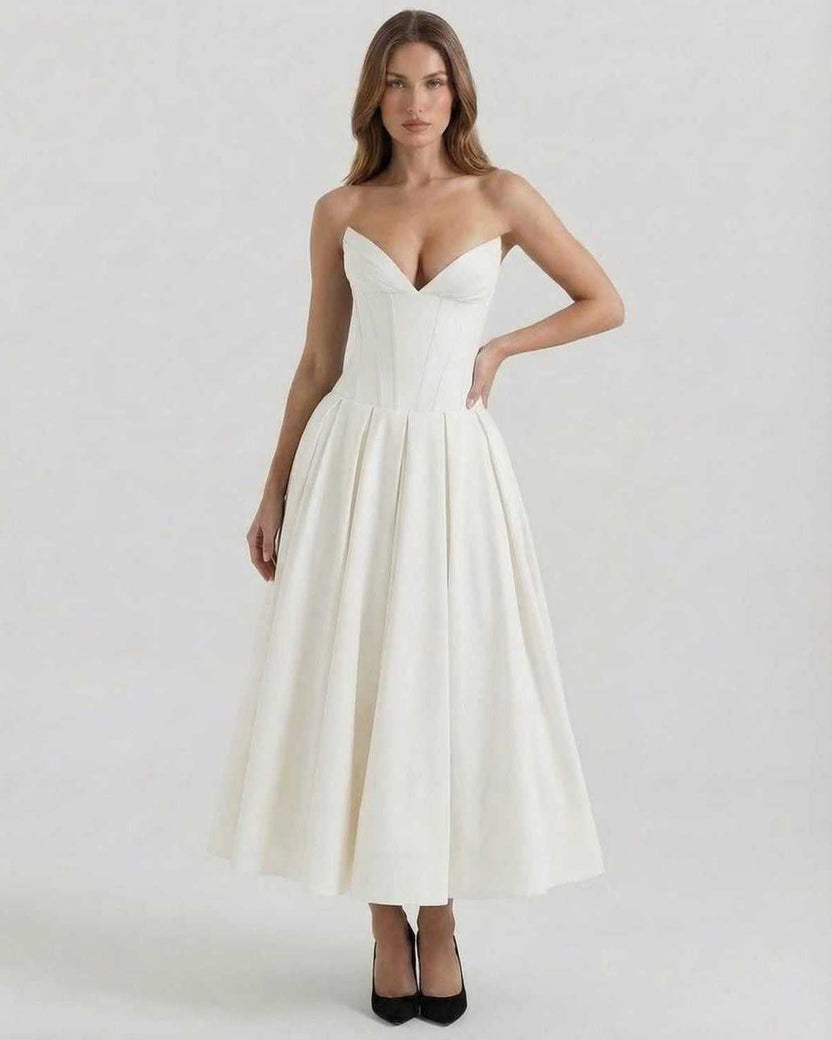 Luna Midi Dress by Lauven, elegant strapless white A-line ankle-length dress, perfect for formal events.