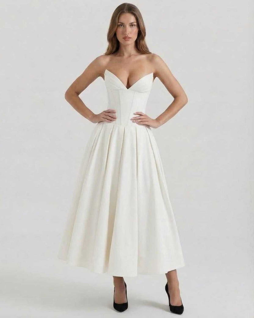 Luna Midi Dress by Lauven - Elegant strapless white A-line dress perfect for formal events.