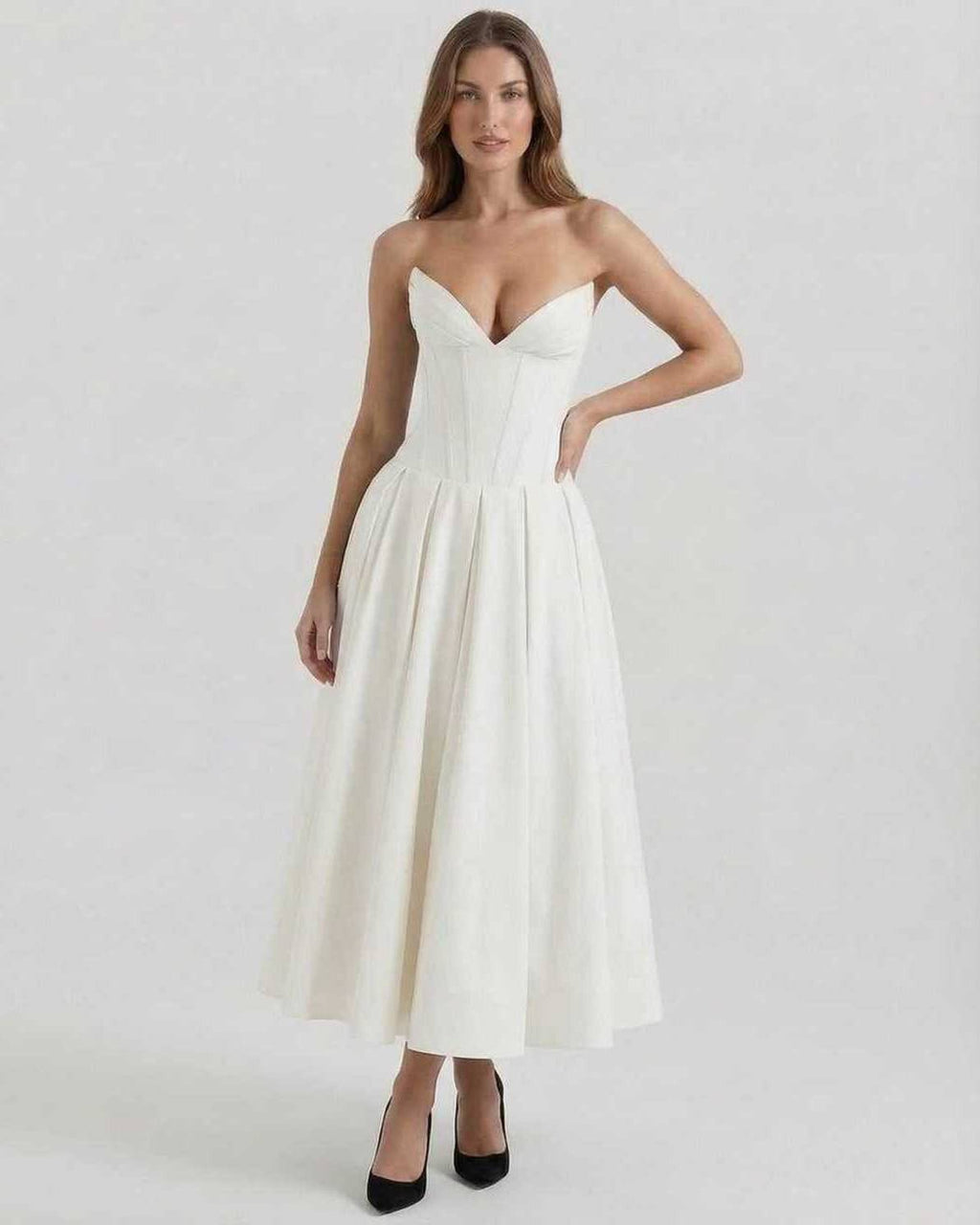 Luna Midi Dress by Lauven, elegant strapless white A-line ankle-length dress for formal events.
