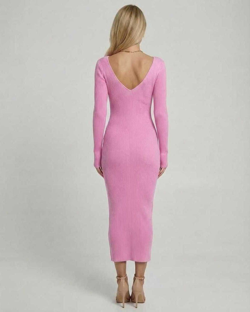 Luna Midi Dress from Lauven, soft pink ribbed knit dress featuring a V-neckline and backless design.