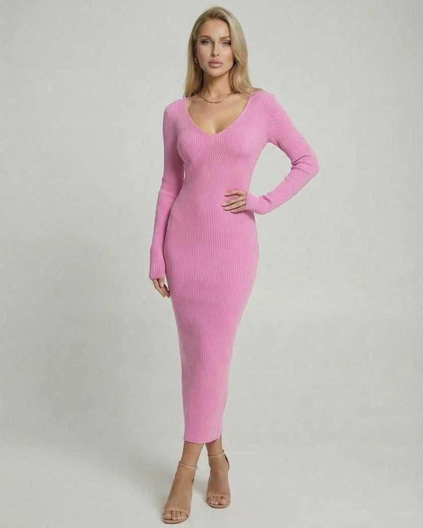 Luna Midi Dress by Lauven, soft pink ribbed V-neck knit dress, perfect for autumn and winter styling.