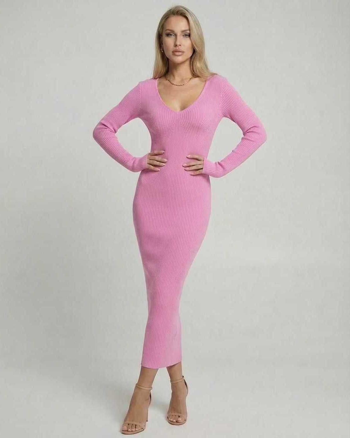Luna Midi Dress by Lauven in soft pink ribbed knit with V-neckline, perfect for autumn and winter elegance.