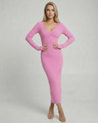 Luna Midi Dress by Lauven - Soft pink ribbed V-neck knit dress for a flattering silhouette.