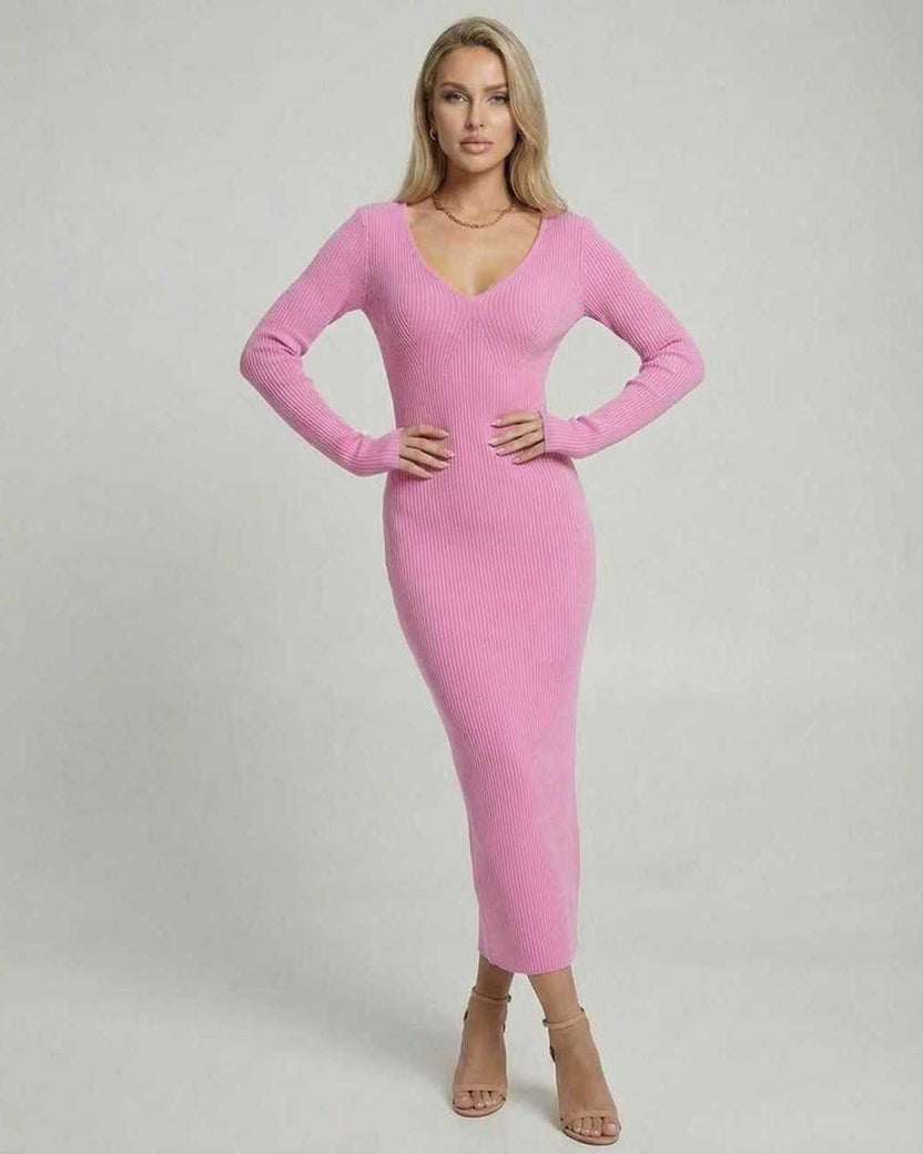 Luna Midi Dress by Lauven - Soft pink ribbed V-neck knit dress for a flattering silhouette.