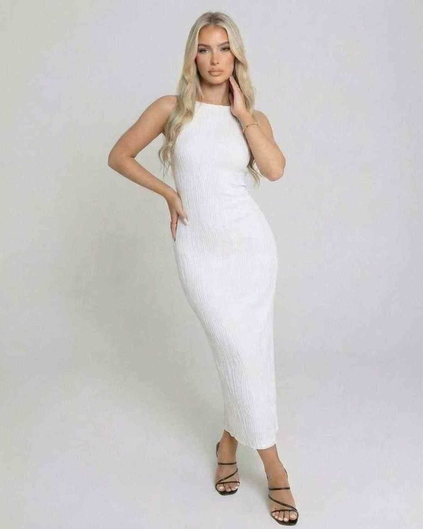 Luna Midi Dress by Lauven, sleek white sleeveless dress with form-fitting silhouette and subtle back slit.