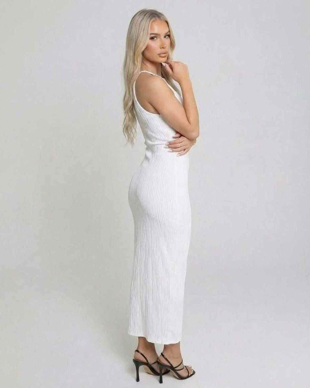 Luna Midi Dress by Lauven - Chic white sleeveless slim fit dress with a floor-length pencil cut.
