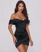 Lauven Luna Mini Dress, sleek black satin off-shoulder design with ruched skirt, elegant and sophisticated look.