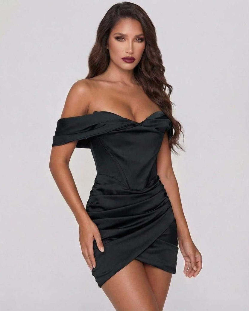 Lauven Luna Mini Dress, sleek black satin off-shoulder design with ruched skirt, elegant and sophisticated look.