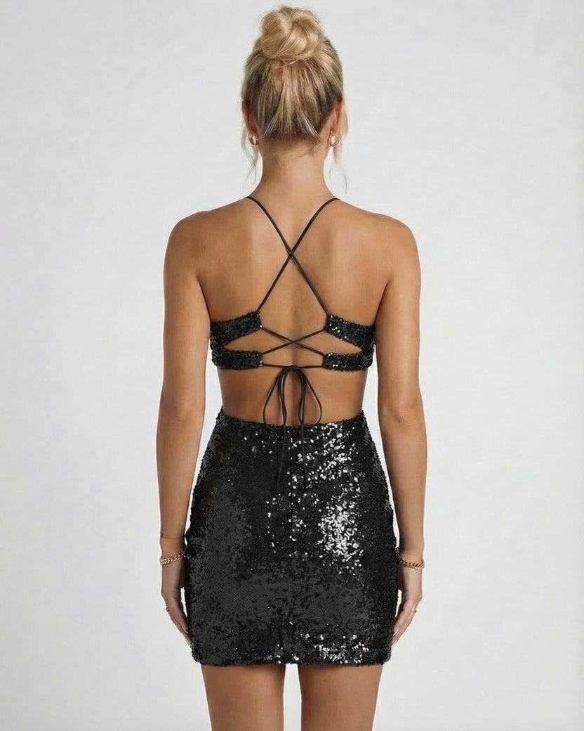 Luna Mini Dress by Lauven - Back view of black sequined cutout sleeveless dress with strappy design.