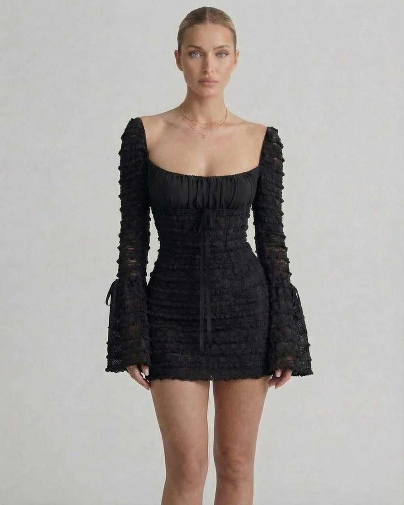 Luna Mini Dress by Lauven featuring an elegant black sheath silhouette with flare sleeves and a square neckline.