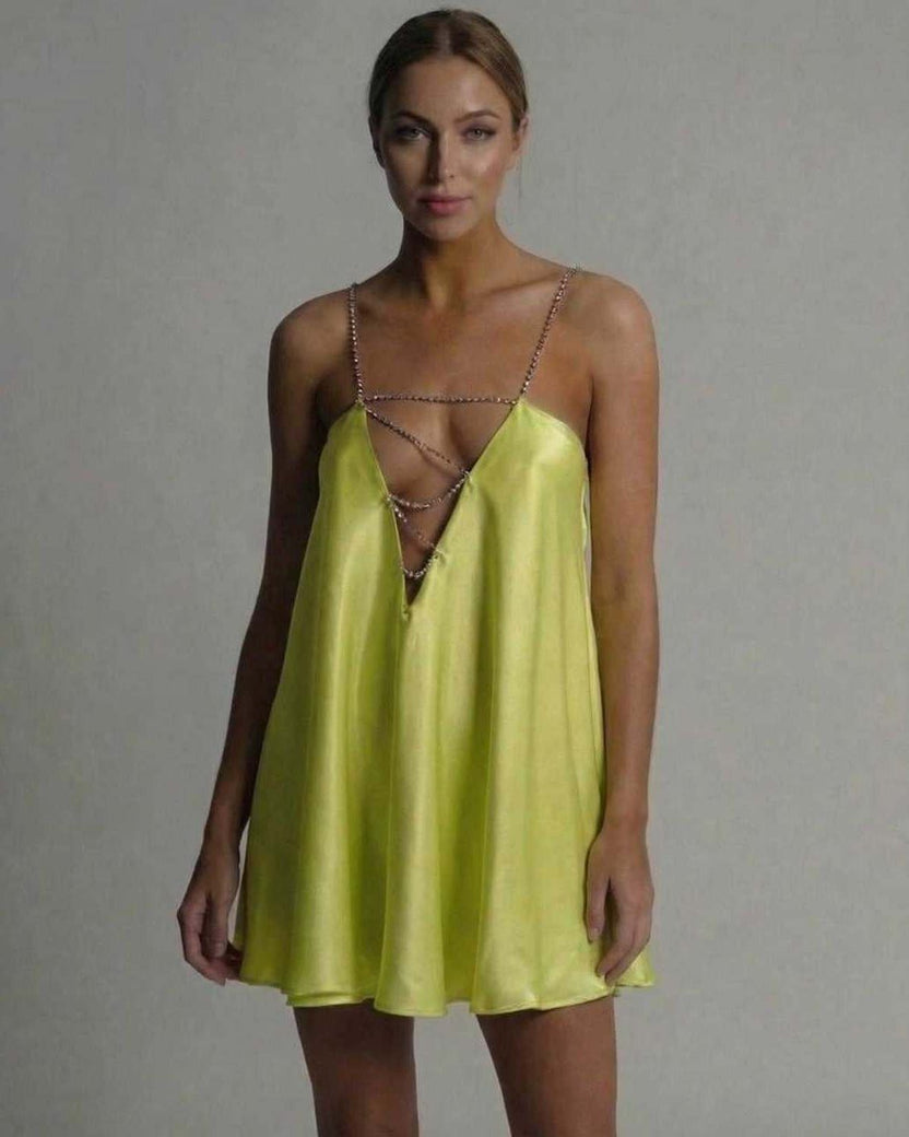 Lauven Luna Mini Dress in vibrant chartreuse satin with flared silhouette and beaded spaghetti straps.