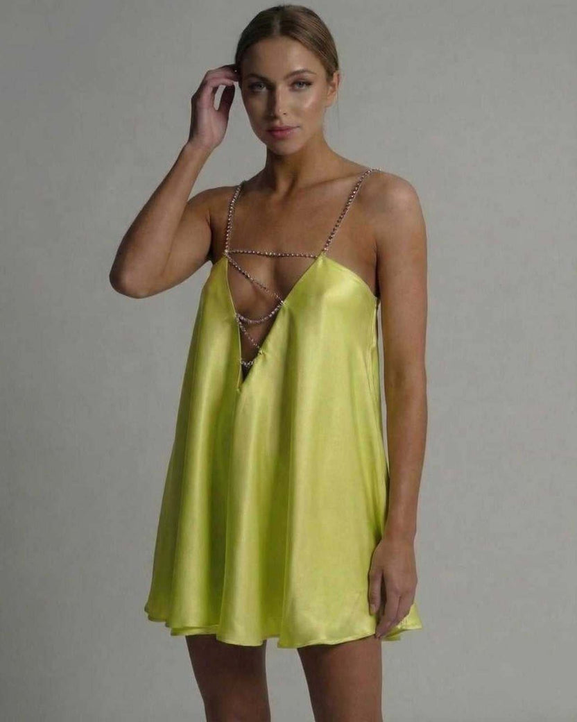 Luna Mini Dress by Lauven in vibrant chartreuse satin with elegant hollow V-neckline and flared silhouette.