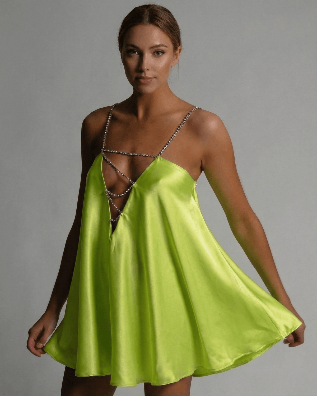 Luna Mini Dress by Lauven, satin A-line flared silhouette in vibrant chartreuse with beaded spaghetti straps.