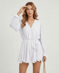 Luna Mini Dress by Lauven in classic white pleated chiffon with elegant details, featuring a flowing silhouette.