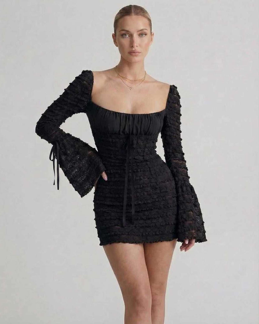 Luna Mini Dress by Lauven featuring an elegant sheath silhouette with flare sleeves in black textured fabric.