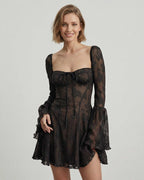 Luna Mini Dress featuring elegant lace design, square neckline, long flare sleeves by Lauven, perfect for special occasions.