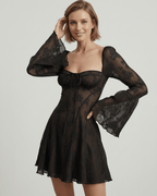 Luna Mini Dress by Lauven, elegant bodycon lace dress with square neckline and flare sleeves, perfect for special occasions.