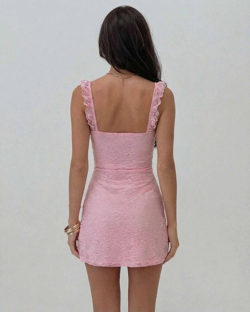 Luna Mini Dress by Lauven, elegant pink lace sheath dress with spaghetti straps, showcasing feminine back view.