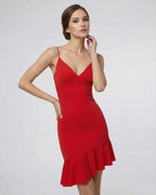 Luna Mini Dress by Lauven in vibrant red, featuring A-line silhouette and ruffle detail, perfect for elegant occasions.