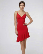 Luna Mini Dress by Lauven - Elegant red A-Line dress with ruffle detail for modern luxury styling.