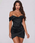Lauven Luna Mini Dress, sleek black satin off-shoulder dress with ruched skirt and elegant draped detailing.