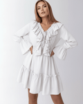Lauven Luna Mini Dress featuring ruffled V-neck, elastic waist, and bell cuffs in elegant white.