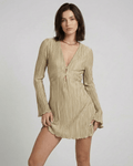 Luna Mini Dress by Lauven – Elegant pleated long sleeve mini dress in light beige
