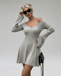 Luna Mini Dress by Lauven in light gray, featuring V-neck and flared sleeves, showcasing a stylish slim fit.