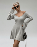 Luna Mini Dress by Lauven in light gray, featuring V-neck and flared sleeves, showcasing a stylish slim fit.