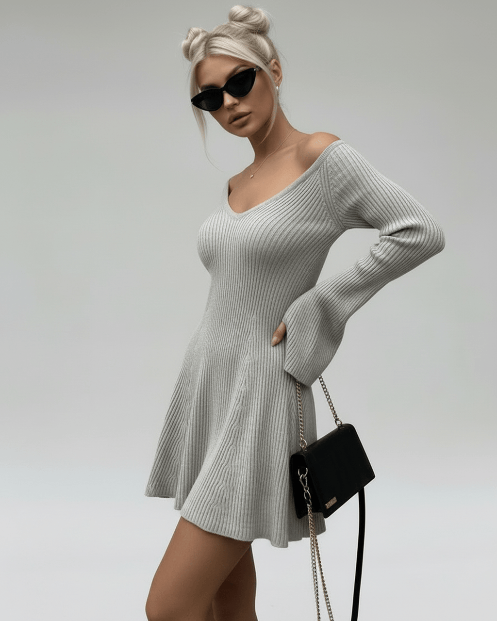Luna Mini Dress by Lauven in light gray knit with V-neck and flared sleeves, showcasing stylish A-line fit.