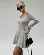Luna Mini Dress by Lauven in light gray knit with V-neck and flared sleeves, showcasing stylish A-line fit.