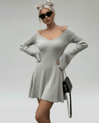 Luna Mini Dress by Lauven in light gray knit with V-neck and flared sleeves, perfect for stylish occasions.