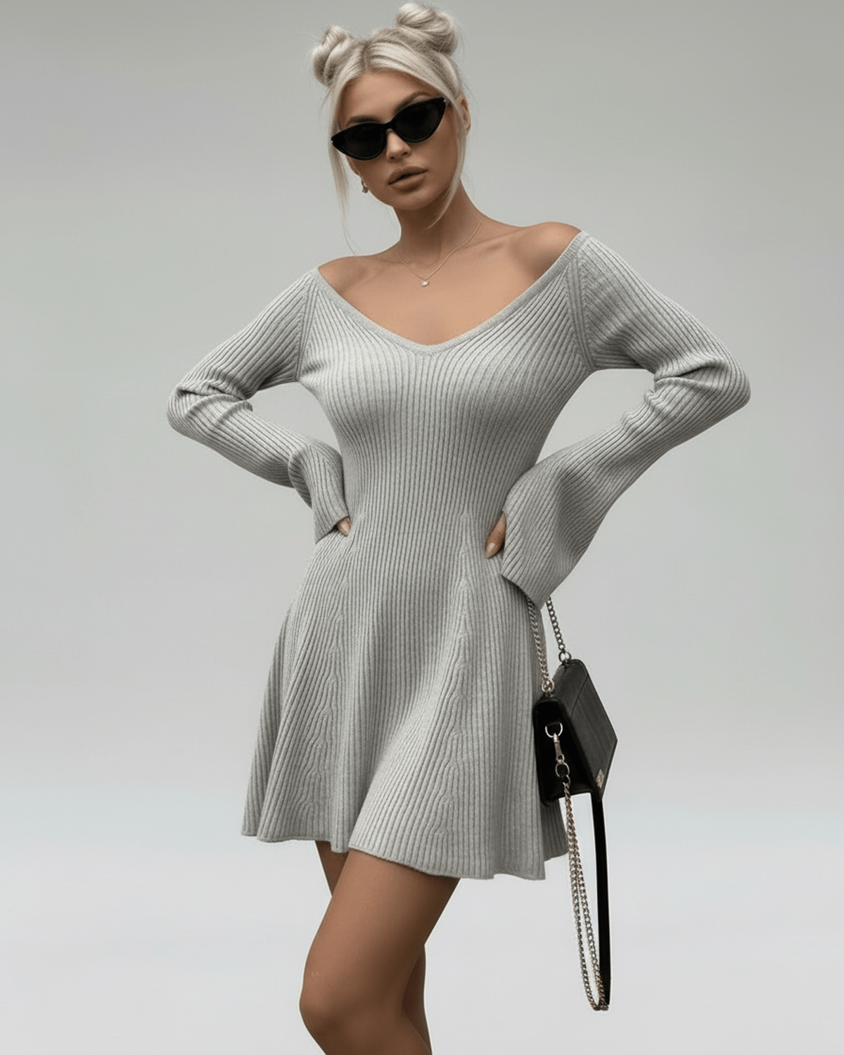 Luna Mini Dress by Lauven in light gray knit with V-neck and flared sleeves, perfect for stylish occasions.