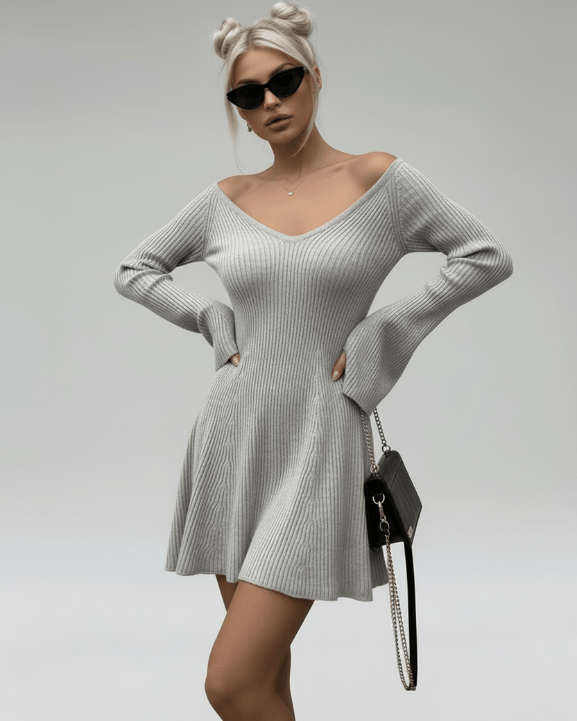 Luna Mini Dress by Lauven in light gray knit with V-neck and flared sleeves, perfect for stylish occasions.