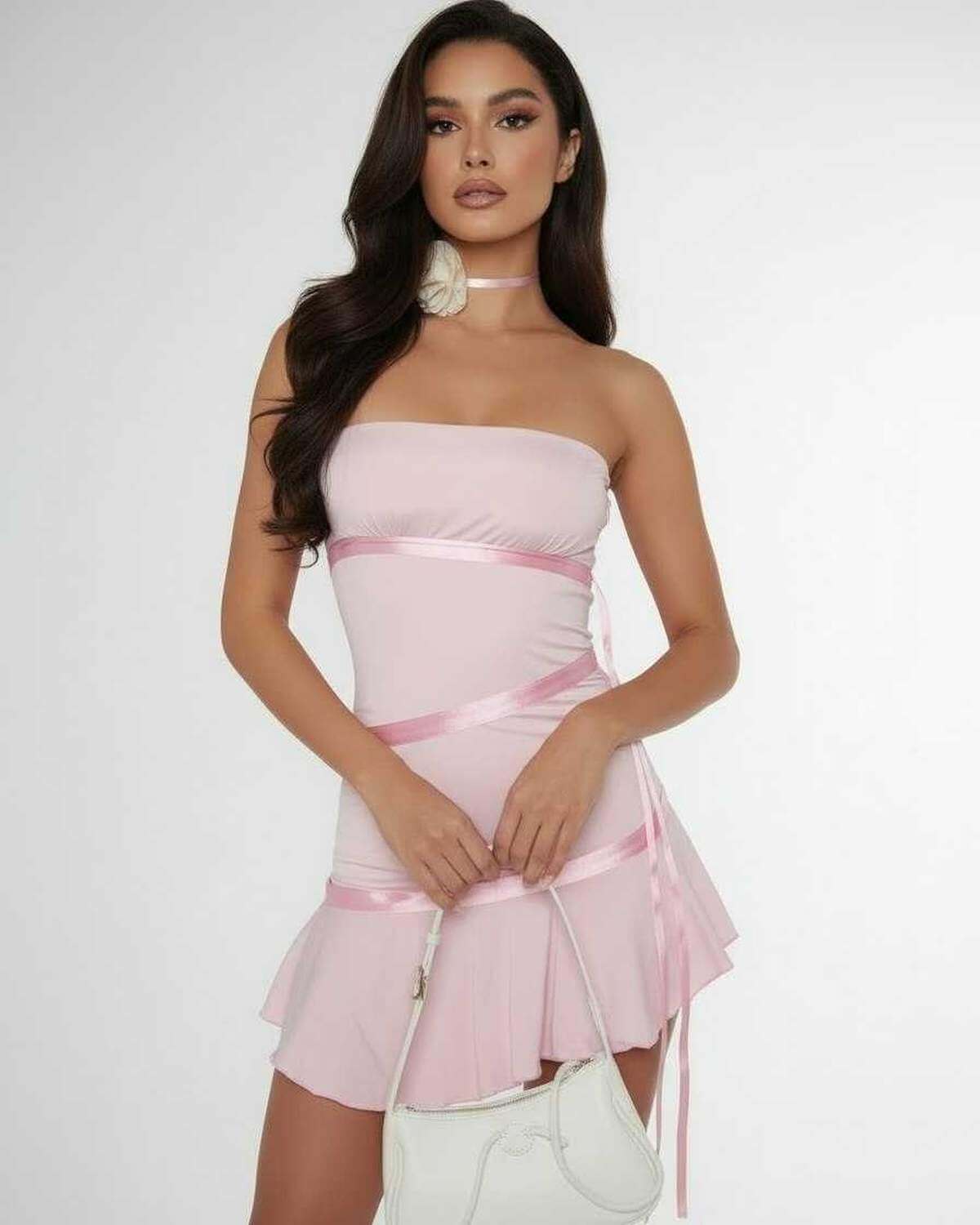Luna Mini Dress by Lauven in light pink with satin ribbon detailing, perfect for summer outfits.