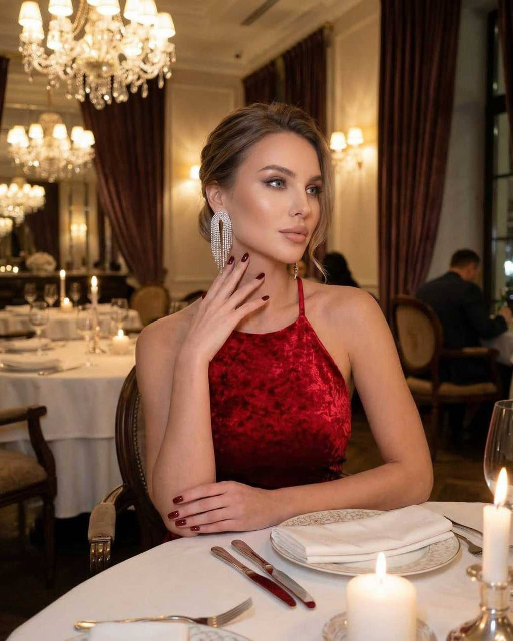 Luna Mini Dress in luxurious red velvet, exuding elegance and sophistication in a fine dining setting by Lauven.