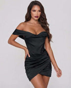 Lauven Luna Mini Dress in sleek black satin with off-shoulder neckline and ruched skirt.