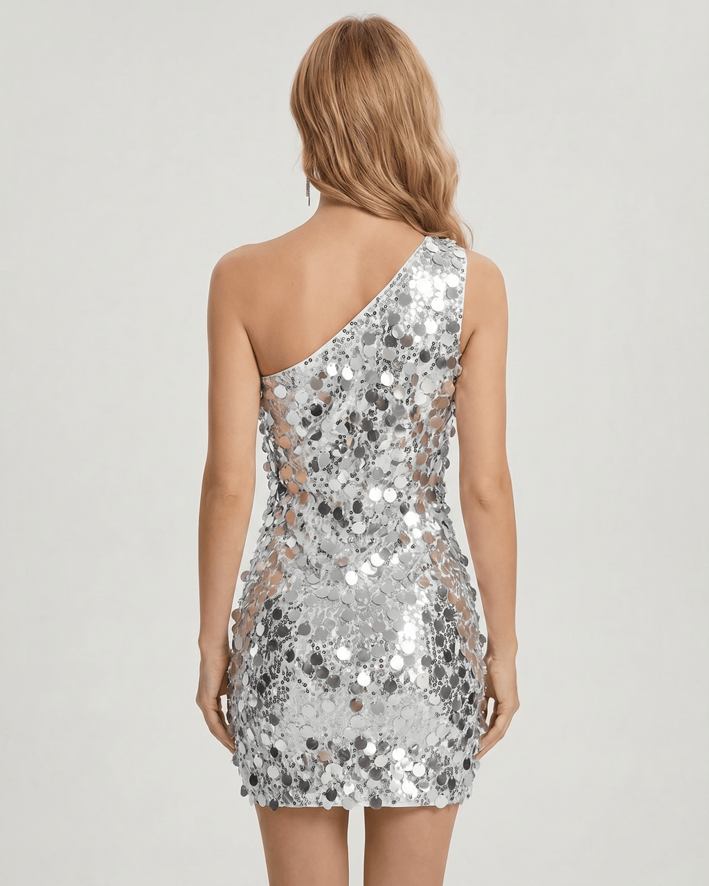 Luna Mini Dress by Lauven, a silver sequin mini dress featuring a one-shoulder design and shimmering embellishments.