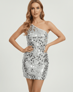 Luna Mini Dress - silver sequin mini dress with one shoulder design, featuring all-over sequins for a glamorous evening look by Lauven.