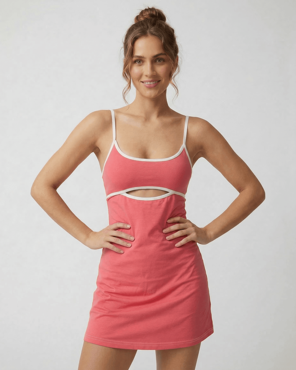 Lauven Luna Mini Dress in vibrant pink with patchwork design and cut-out detail, perfect for summer fashion.